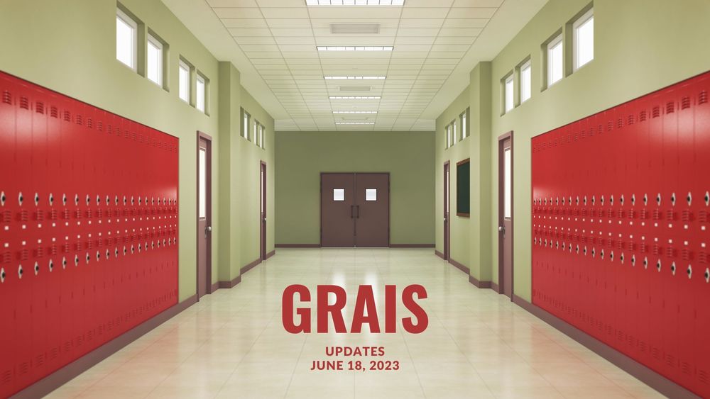 image of an empty school hallway with red lockers and text of GRAIS updates June 18, 2023