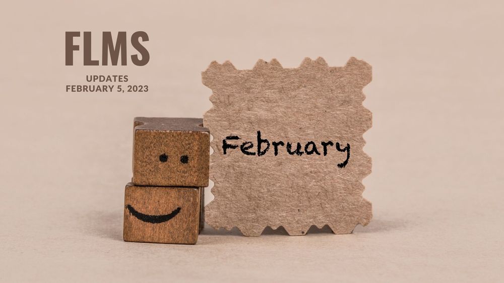 image of paper and two printing blocks stacked to represent a smiley face with text of FLMS updates, February 5, 2023