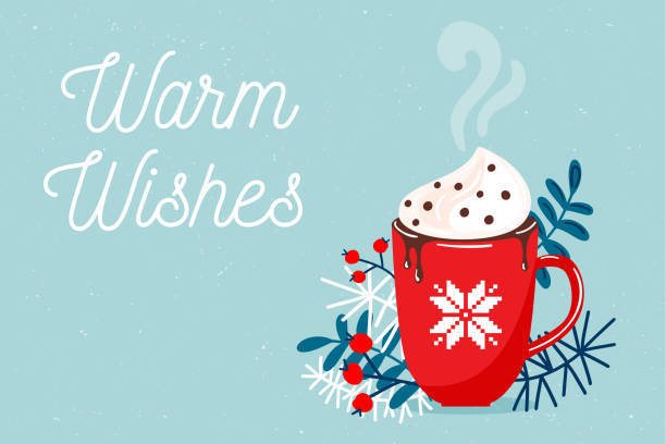 Drawn image of a cup of hot chocolate with text of warm wishes