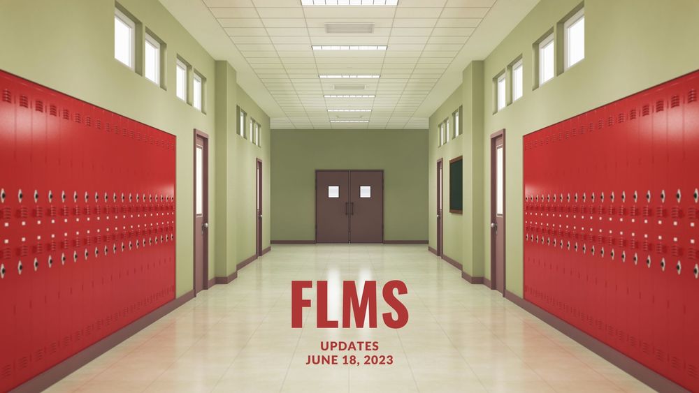 image of an empty school hallway with red lockers and text of FLMS updates, June 18, 2023