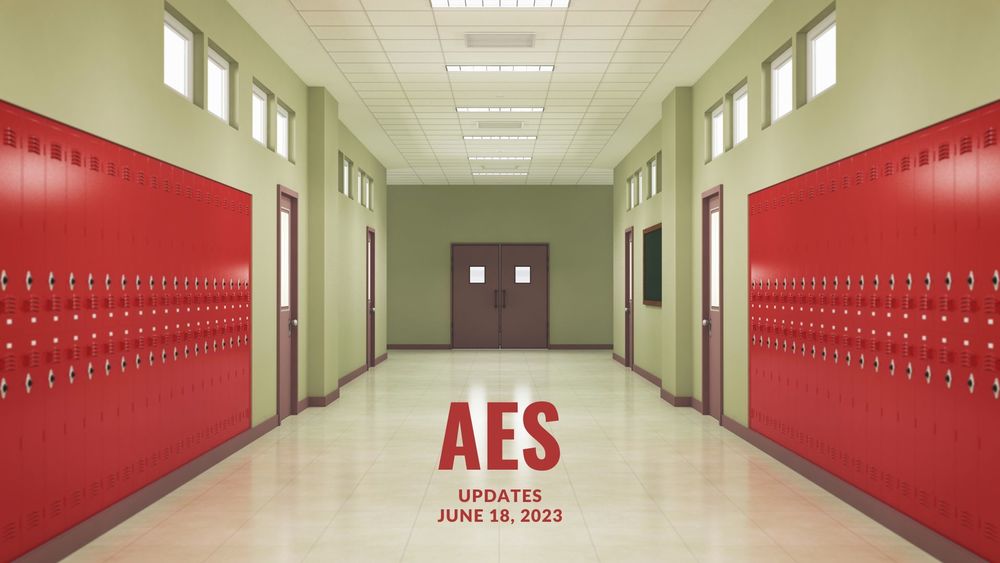 image of an empty school hallway with red lockers and text of AES updates, June 18, 2023