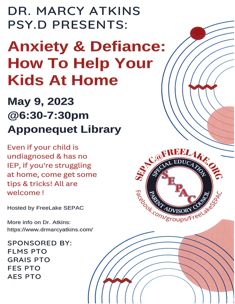 Flier for Dr.Marcy Atkins Presentation : Anxiety & Depression: How to Help your Kids At Home