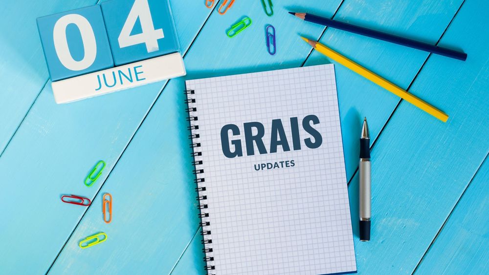 image of desk supplies with text of GRAIS updates, June 4, 2023