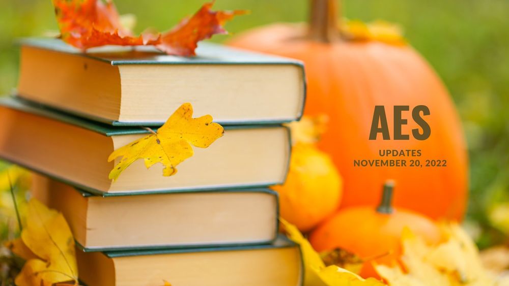 image of books, fall leaves and pumpkins with text of AES Updates, November 20, 2022