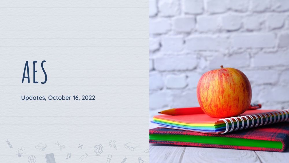 photo of an apple on top of notebooks with text of AES Updates, cOctober 16, 2022