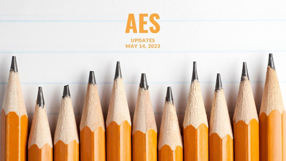 image of sharpened pencils all in a row with text of AES updates, May 14, 2023