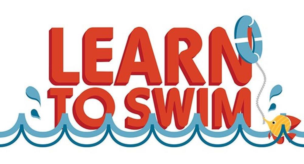 text of Learn to swim with drawing of waves, fish, and a bouy