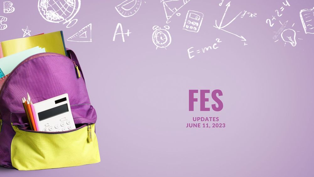 image of a backpack and drawn math equations and text of FES updates, June 11, 2023