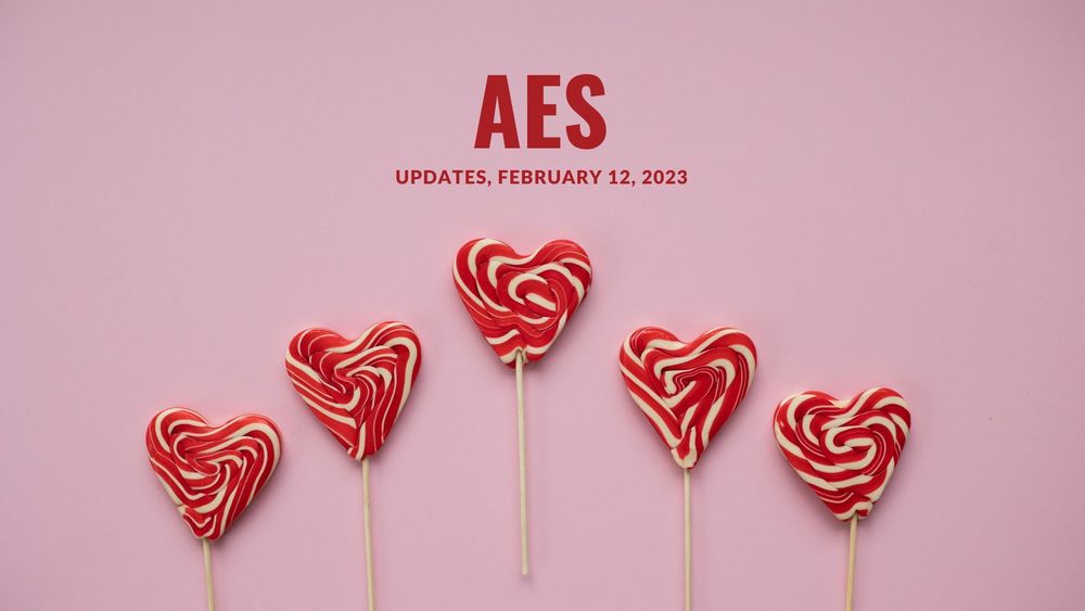 image of 5 red and white lollipops in the shape of a heart with text of AES updates, February 12, 2023