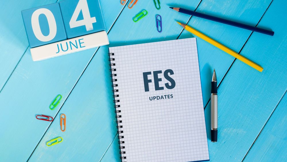 image of desk supplies with text of FES updates, June 4,